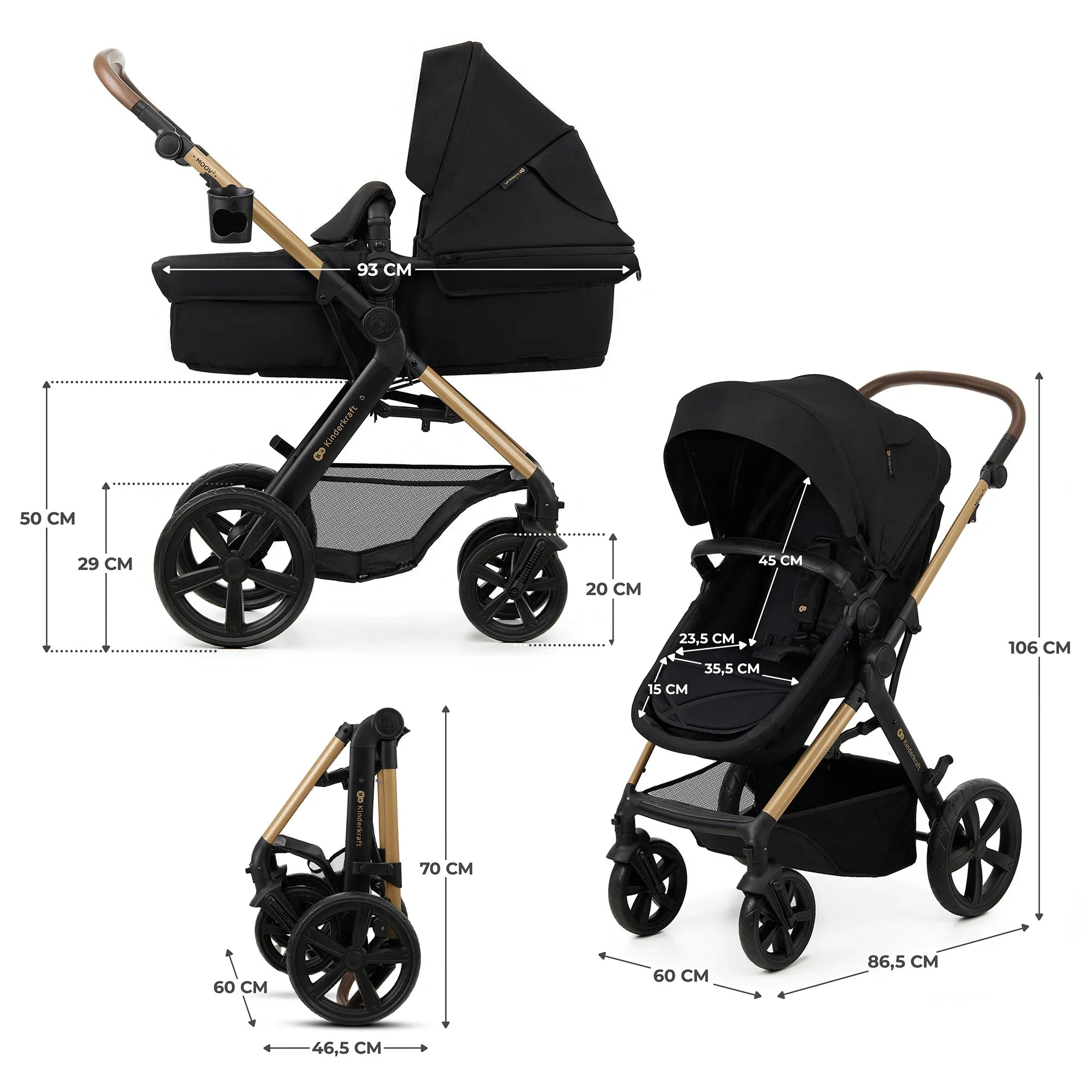 KinderKraft MOOV 2 бебешка количка 3в1 PURE BLACK by KinderKraft
