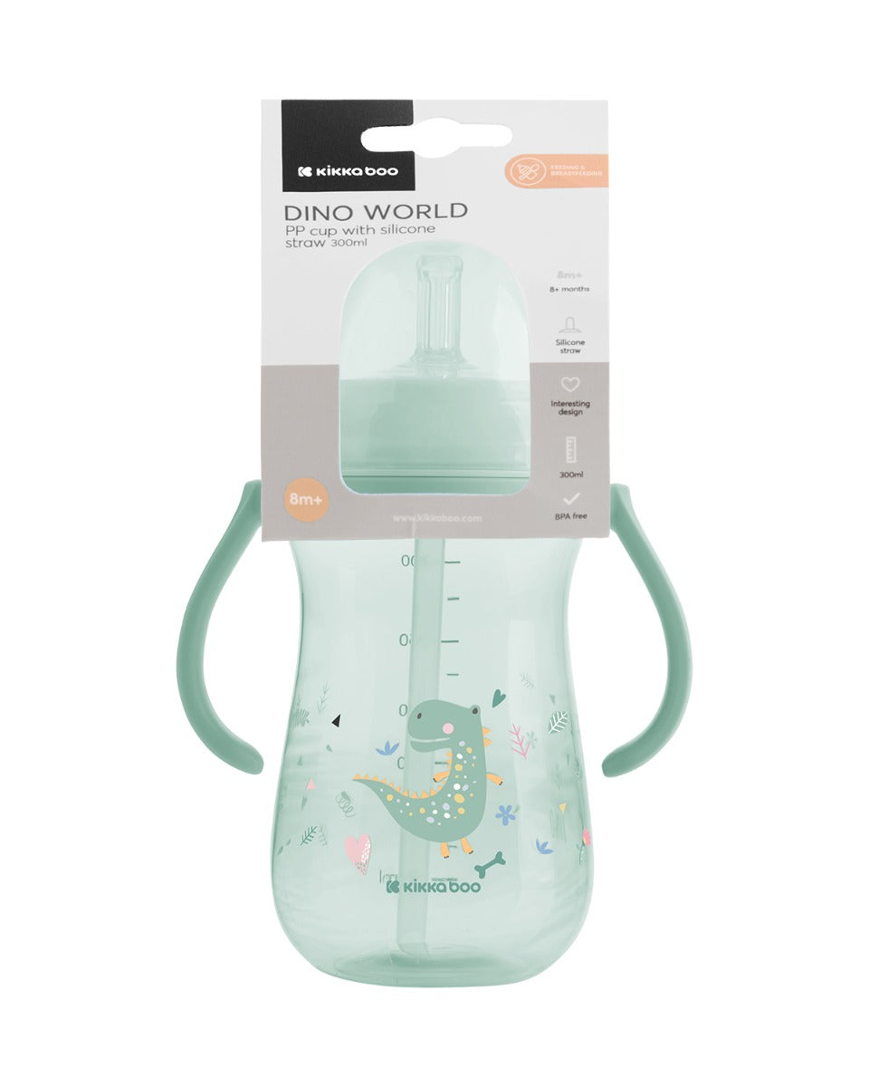 Чаша със силиконовa сламка 300мл Dino World Mint by Kikkaboo