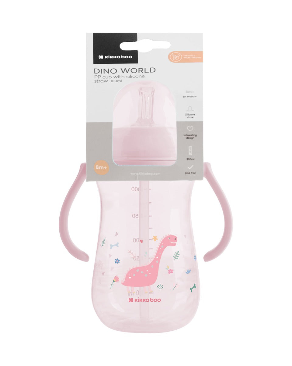Чаша със силиконовa сламка 300мл Dino World Pink by Kikkaboo