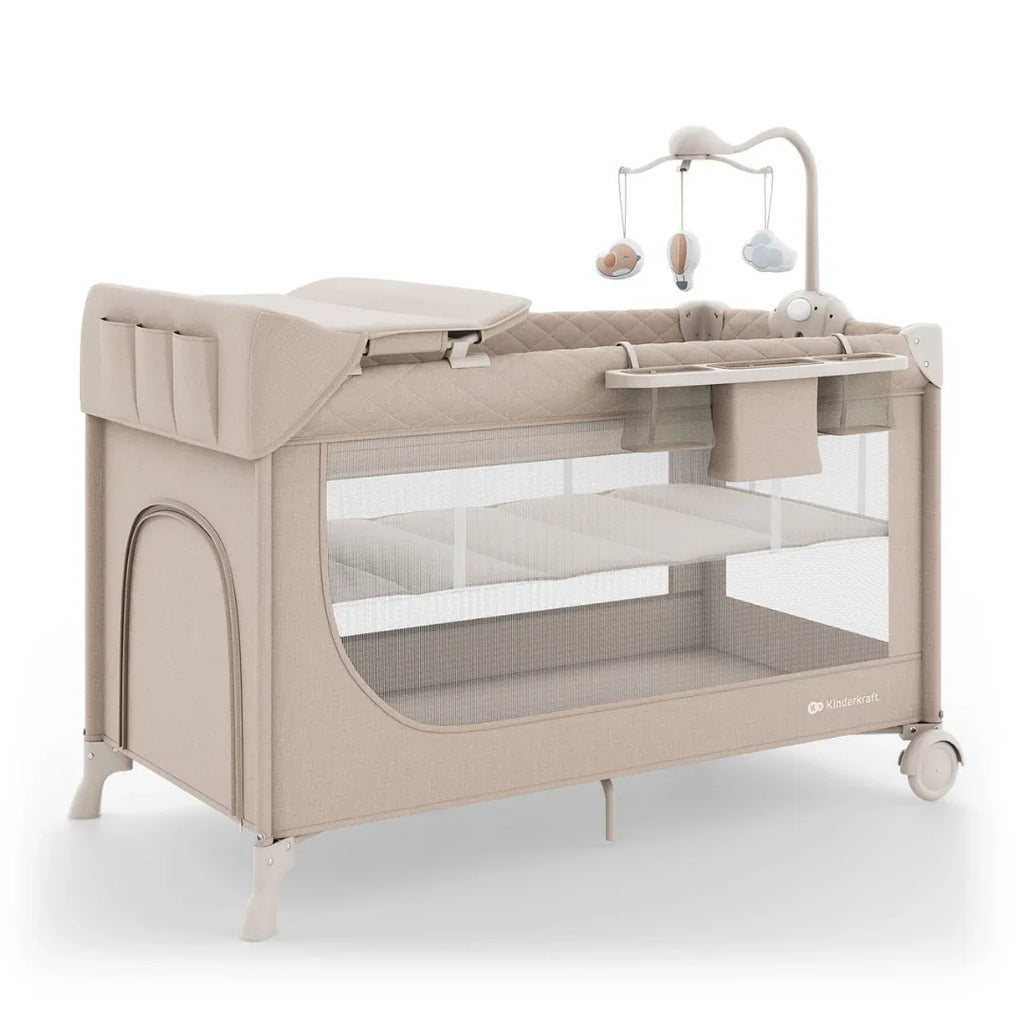 Kinderkraft LEODY UP сгъваема бебешка кошара с аксесоари BEIGE by KinderKraft