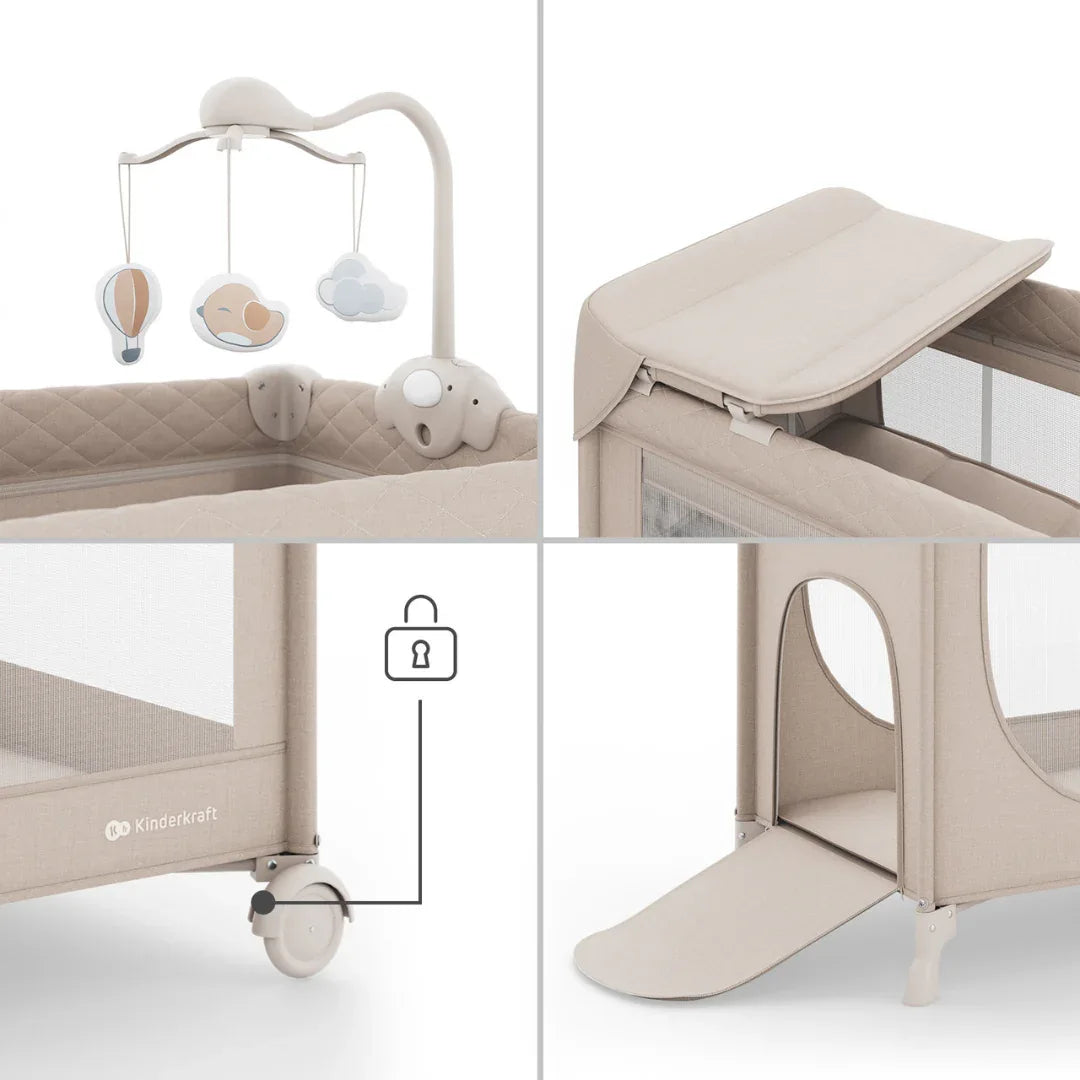 Kinderkraft LEODY UP сгъваема бебешка кошара с аксесоари BEIGE by KinderKraft