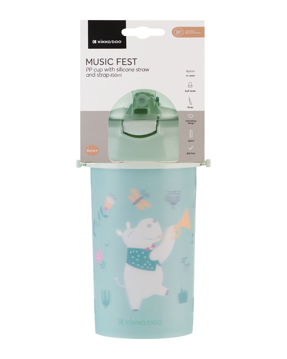 Чаша със силиконовa сламка и каишка 450мл Music Fest Mint by Kikkaboo